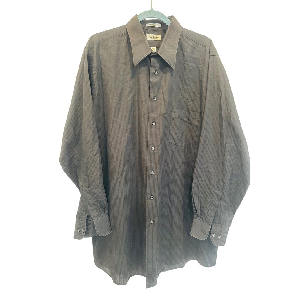 Van Heusen Dress Shirt Mens 17.5 35/36 Tall Black Satin Stripe Wrinkle Free